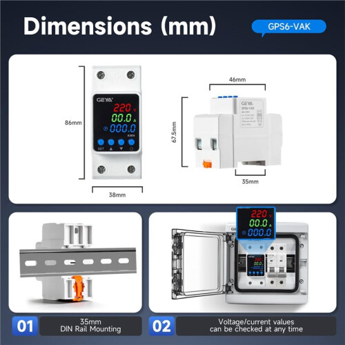 GEYA Adjustable over & Under Voltage Protection Device Digital Display Voltage Current Protector 220V Din Rail(GPS6-VAK,63A)