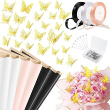 Kits de Papel de Embalagem de Buquê, Papel de Embalagem Floral À Prova D'Água em Preto, Rosa e Bege com Fitas, Alfinetes, Borboletas 3D