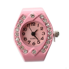 2X Frauen Rosa Legierung Quarz Taschen-Finger-Ring-Uhr Strass Runder Zifferblatt