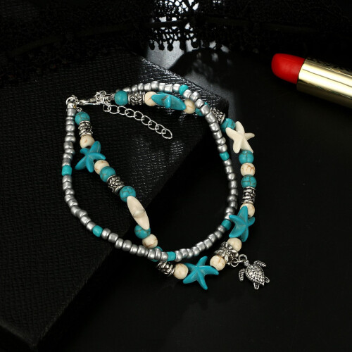 Turquoise Beaded Beach Anklet Turtle Anklet Starfish Anklet Nautical Anklet Beaded Anklet