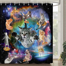 Cortina de ducha AUMIY divertida con diseño de gato pirata montando un tiburón ballena en el universo de la galaxia. Cortina de ducha de tela