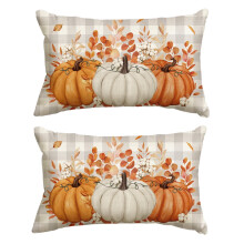 Sm: )e Funda de cojín decorativa de otoño a cuadros naranjas con estampado de calabaza y búfalo, juego de 2, 12x20 pulgadas, decoración de