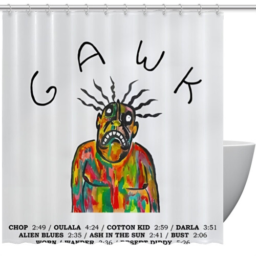 Vundabar - Κουρτίνα μπάνιου Gawk με τυπωμένο εξώφυλλο μουσικής και γάντζους 72" x 72"