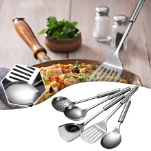 GARENAS Juego de 5 piezas de utensilios de cocina de acero inoxidable: espátula, cuchara y cucharón (plateado)
