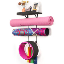 Support mural pour tapis de yoga avec étagères flottantes en bois et 4 crochets pour rouleau de massage et bandes de résistance - Compatible avec