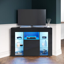 (High Gloss Black) Elegant 100cm Corner TV Unit with RGB LED Lighting, High Gloss Finish, Tall TV Cabinet with Tempered Glass Shelves & Storage
