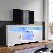 (High Gloss White) Elegant 135cm TV Unit with LED Lights, High Gloss TV Stand with Open Storage, Side Cabinets & Glass Shelf, Modern TV Cabinet