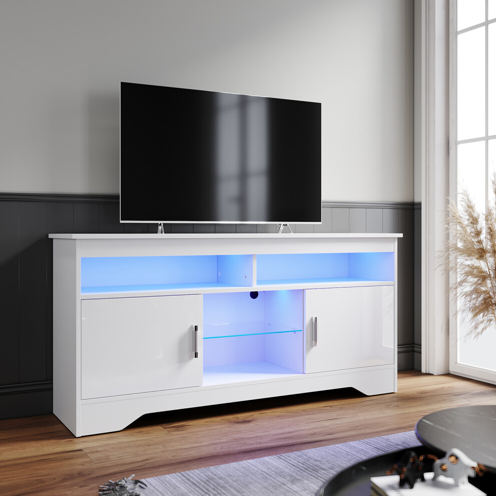 Elegant (High Gloss White) 135Cm Tv Unit With Led Lights, High Gloss Tv Stand With Open Storage, Side Cabinets & Glass Shelf, Modern Tv Cabinet