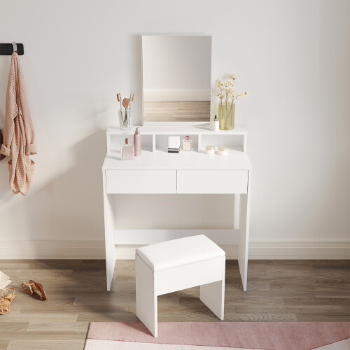 ELEGANT (Dressing Table with Stool) Elegant White Dressing Table with Mirror, Makeup Vanity Desk with Storage Compartments & 2 Drawers, Compact Design