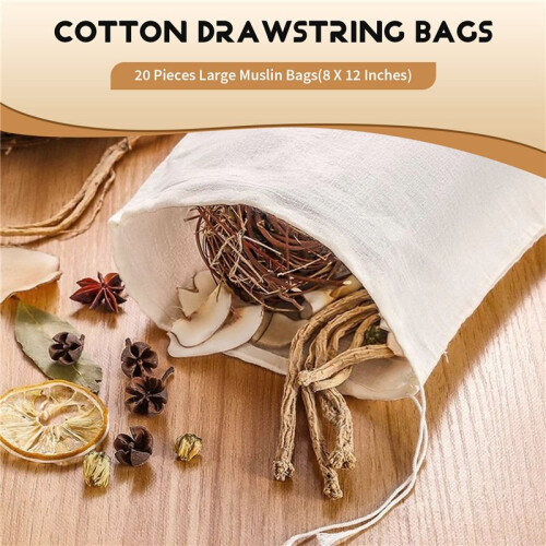 20 Peças Grandes Sacos de Musselina, Sacos de Algodão com Cordão, Sacos para Infusão de Chá (8 X 12 Polegadas) 1