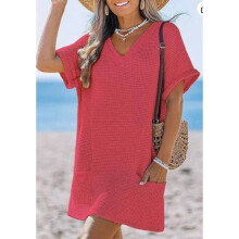 (Rose Red, S) Beachwear Up Cover Dress With Pockets And V Neck For Women And Yoga Vacation