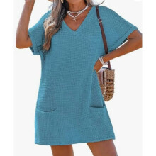 (Blue, M) Beachwear Up Cover Dress With Pockets And V Neck For Women And Yoga Vacation