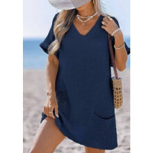 (Dark Blue, XL) Beachwear Up Cover Dress With Pockets And V Neck For Women And Yoga Vacation
