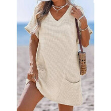 (Beige, XL) Beachwear Up Cover Dress With Pockets And V Neck For Women And Yoga Vacation