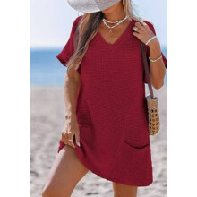(Wine Red, S) Beachwear Up Cover Dress With Pockets And V Neck For Women And Yoga Vacation