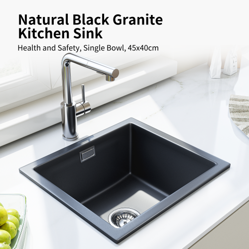 HOROW Black Granite Composite Kitchen Sink Single Bowl 45x40cm with Waste Kit 2