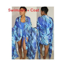 (Blue, L) Casual Bikini Set With Digital Print For Women Featuring Chiffon Silk Fabric Milk