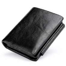 Men's Genuine Leather RFID Blocking Short Wallet, Slim Trifold Wallet Black