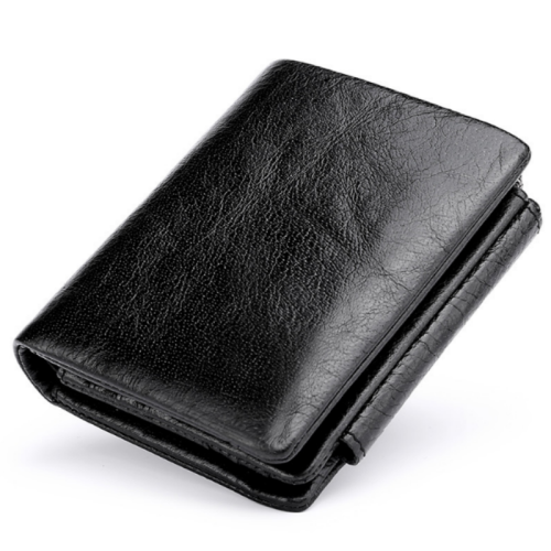 Men's Genuine Leather RFID Blocking Short Wallet, Slim Trifold Wallet Black