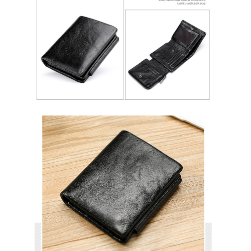 Men's Genuine Leather RFID Blocking Short Wallet, Slim Trifold Wallet Black 2
