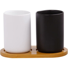 Porte-brosse à dents en céramique Eathen (lot de 2), gobelet isotherme de 280 ml pour couple, noir et blanc, avec plateau en bambou