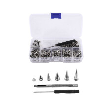 70 sets zilverkleurige spikes en studs in diverse vormen, kegelvormige krokodillenspikes, leren klinknagelset voor kleding, schoenen, riemen en