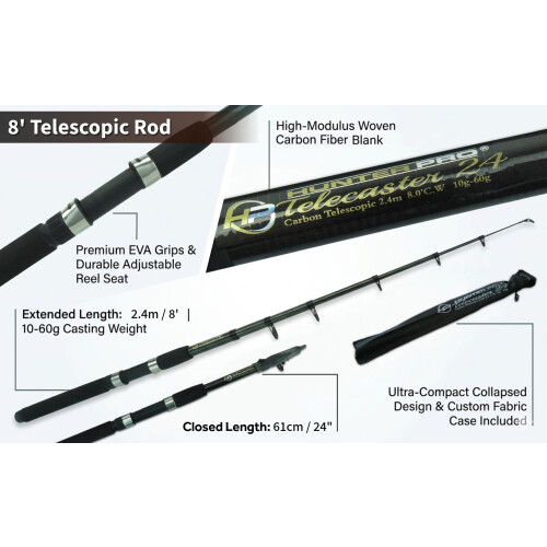 Hunter Pro 8 ft Predator Spinning Combo: Carbon Telescopic Rod & Reel 2
