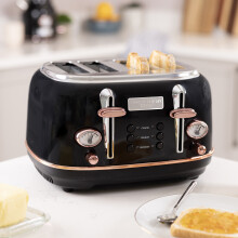 Charles Bentley 4 Slice Toaster Stainless Steel Browning Control Dial with 6 Levels Black & Rose Gold Crumb Tray Cancel Defrost Reheat Settings