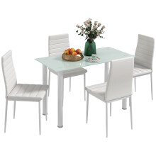 5 Piece Dining Set with Glass Table and 4 Chairs White