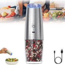 Ensemble moulin à sel et poivre à piles Gravity avec lumière, rechargeable, en acier inoxydable, à induction automatique, réglable, argent