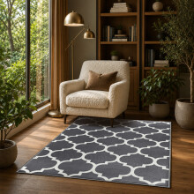 (120x170cm, Moroccan Trellis Grey) Short Pile Geometric Rug | Extra Soft Faux Fur Non Slip Rubber Backed Carpet
