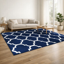 (160x230cm, Moroccan Trellis Navy) Short Pile Geometric Rug | Extra Soft Faux Fur Non Slip Rubber Backed Carpet