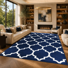 (200x290cm, Moroccan Trellis Navy) Short Pile Geometric Rug | Extra Soft Faux Fur Non Slip Rubber Backed Carpet