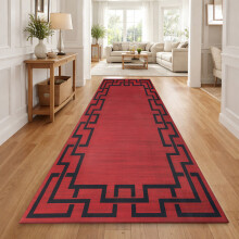 (60x220cm, Greek Key Red) Short Pile Geometric Rug | Extra Soft Faux Fur Non Slip Rubber Backed Carpet