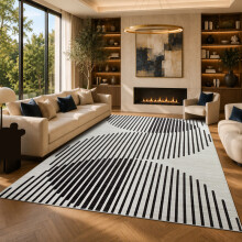 (200x290cm, Modern Stripes) Short Pile Geometric Rug | Extra Soft Faux Fur Non Slip Rubber Backed Carpet