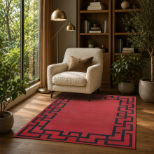 (120x170cm, Greek Key Red) Short Pile Geometric Rug | Extra Soft Faux Fur Non Slip Rubber Backed Carpet