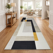 (60x220cm, Scandinavian Mustard) Short Pile Geometric Rug | Extra Soft Faux Fur Non Slip Rubber Backed Carpet