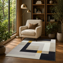 (120x170cm, Scandinavian Mustard) Short Pile Geometric Rug | Extra Soft Faux Fur Non Slip Rubber Backed Carpet