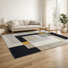 (160x230cm, Scandinavian Mustard) Short Pile Geometric Rug | Extra Soft Faux Fur Non Slip Rubber Backed Carpet
