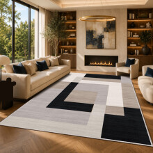 (200x290cm, Scandinavian Neutral) Short Pile Geometric Rug | Extra Soft Faux Fur Non Slip Rubber Backed Carpet