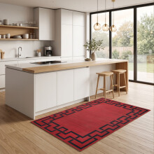 (80x150cm, Greek Key Red) Short Pile Geometric Rug | Extra Soft Faux Fur Non Slip Rubber Backed Carpet