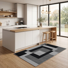 (80x150cm, Scandinavian Black Grey) Short Pile Geometric Rug | Extra Soft Faux Fur Non Slip Rubber Backed Carpet