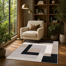 (120x170cm, Scandinavian Neutral) Short Pile Geometric Rug | Extra Soft Faux Fur Non Slip Rubber Backed Carpet