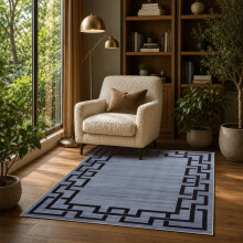 (120x170cm, Greek Key Blue) Short Pile Geometric Rug | Extra Soft Faux Fur Non Slip Rubber Backed Carpet