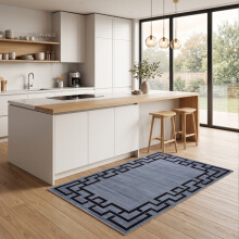 (80x150cm, Greek Key Blue) Short Pile Geometric Rug | Extra Soft Faux Fur Non Slip Rubber Backed Carpet