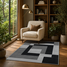 (120x170cm, Scandinavian Black Grey) Short Pile Geometric Rug | Extra Soft Faux Fur Non Slip Rubber Backed Carpet