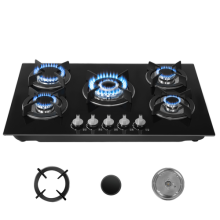 Gas Hob 5 burners, 77cm Black Tempered Glass Gas Hob with Cast Iron Ttacyeudsptl