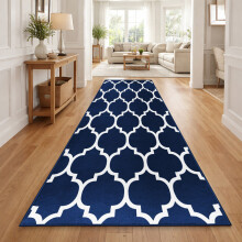 (60x220cm, Moroccan Trellis Navy) Short Pile Geometric Rug | Extra Soft Faux Fur Non Slip Rubber Backed Carpet