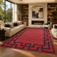 (200x290cm, Greek Key Red) Short Pile Geometric Rug | Extra Soft Faux Fur Non Slip Rubber Backed Carpet