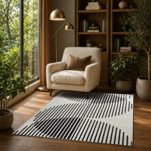 (120x170cm, Modern Stripes) Short Pile Geometric Rug | Extra Soft Faux Fur Non Slip Rubber Backed Carpet